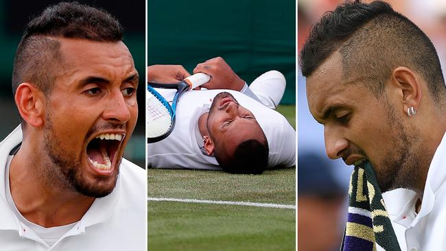 The many faces of Nick Kyrgios during his victory over Jordan Thompson at Wimbledon overnight. Picture: Agencies