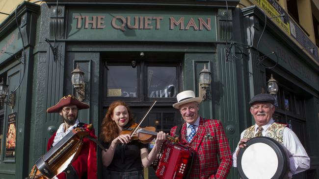 The Exciting McGillicuddies band out the front of The Quiet Man. Picture: Richard Serong.