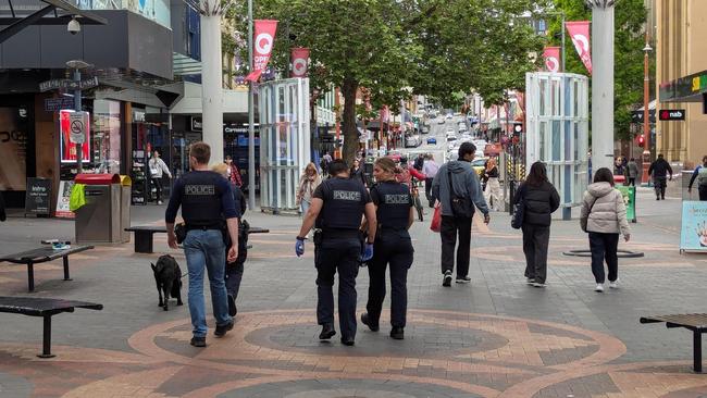 Tasmania Police in Hobart file, generic. Tasmania Police patrol Elizabeth Mall, Hobart CBD. Picture: Tasmania Police