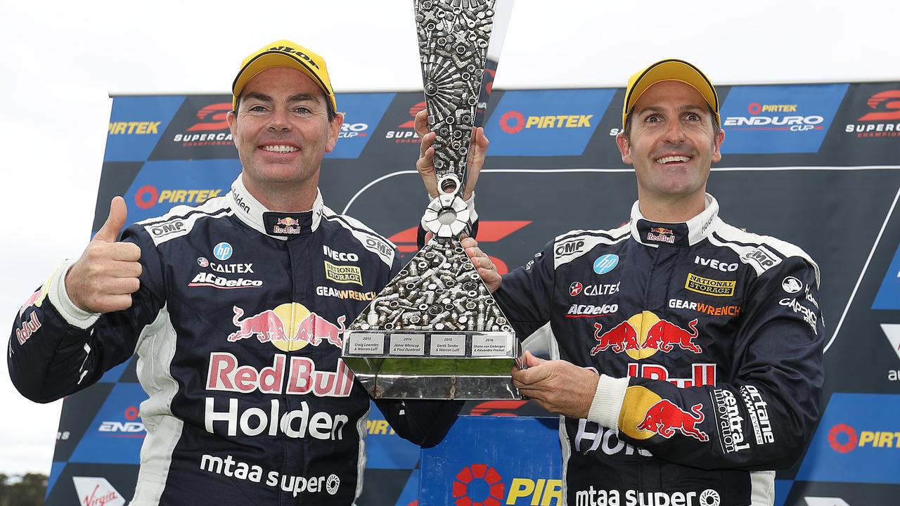Jamie Whincup and Craig Lowndes celebrate after winning the Enduro Cup. Picture: Robert Cianflone