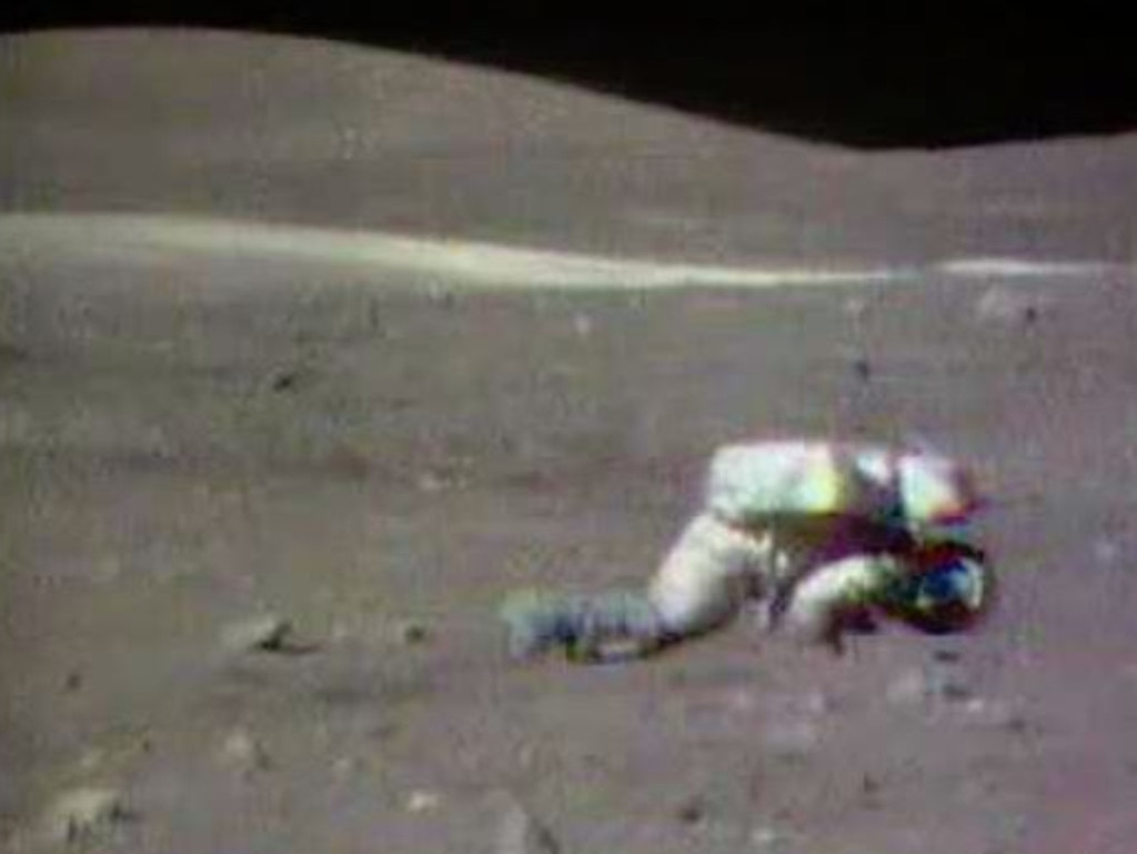 Lunar gravity dictates the astronauts just can’t keep their feet. Picture: NASA