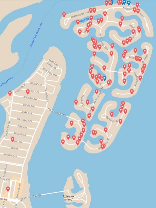 A map showing objections by property owners on Sovereign Islands, on the northern Gold Coast, to a planned neighbourhood centre.