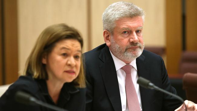 Former ABC Managing Director Michelle Guthrie and Communications Minister Mitch Fifield. Picture: Kym Smith