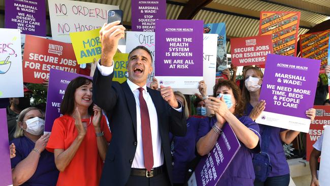 Labor leader Peter Malinauskas rallies the troops at the Royal Adelaide Hospital on Friday. Picture: Tricia Watkinson