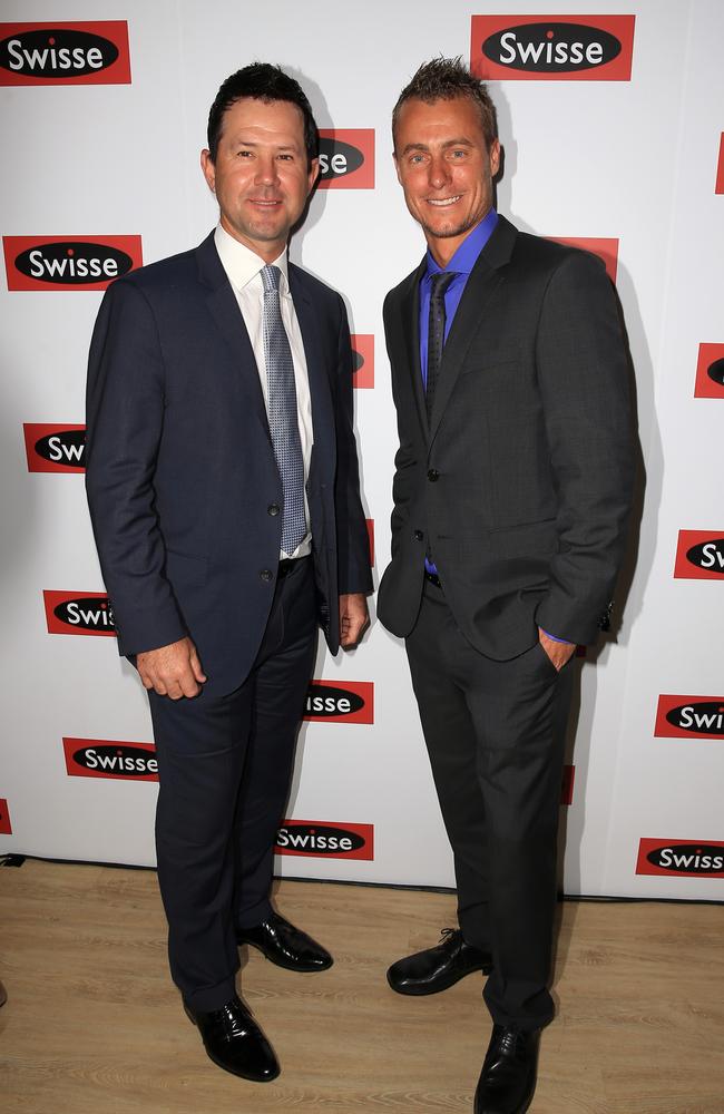 Ricky Ponting and Lleyton Hewitt in the Birdcage at the 2014 Melbourne Cup. Picture: Alex Coppel.