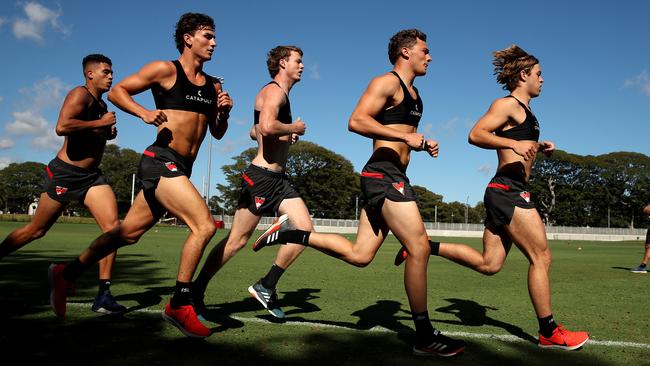 Nick Blakey, Will Hayward and James Rowbottom during the Sydney Swans first pre-season training session ahead of the 2020 season. Picture: Phil Hillyard