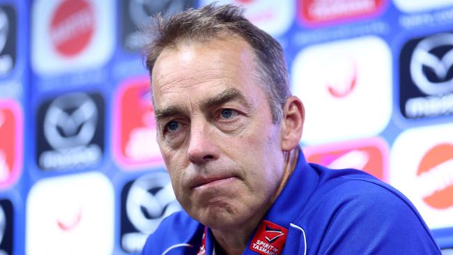 MELBOURNE, AUSTRALIA - APRIL 18: Alastair Clarkson, Senior Coach of the Kangaroos speaks during a press conference following the round six AFL match between North Melbourne Kangaroos and Carlton Blues at Marvel Stadium, on April 18, 2025, in Melbourne, Australia. (Photo by Josh Chadwick/AFL Photos/via Getty Images)