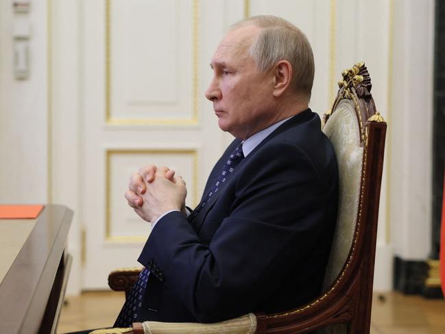 Russian President Vladimir Putin chairs a Security Council meeting via a video link at the Kremlin in Moscow. Picture: AFP