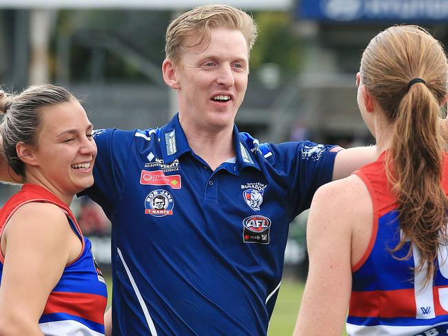 2018 NAB AFL WomenÕs Grand Final between the Western Bulldogs and the Brisbane Lions at Ikon Park, Melbourne. Coach Paul Groves celebrates the win. Picture: Mark Stewart