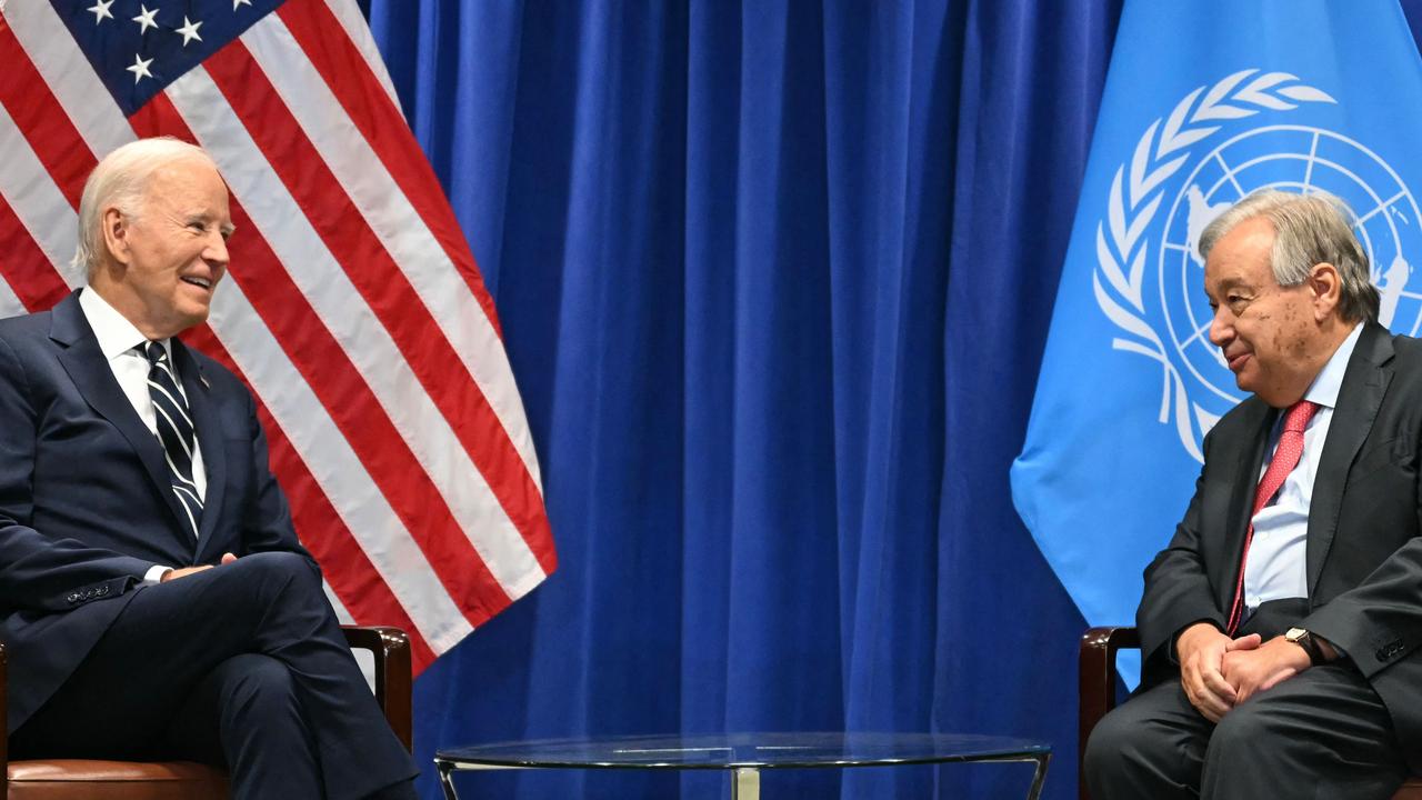 Joe Biden and Antonio Guterres today. Picture: Andrew Caballero-Reynolds/AFP