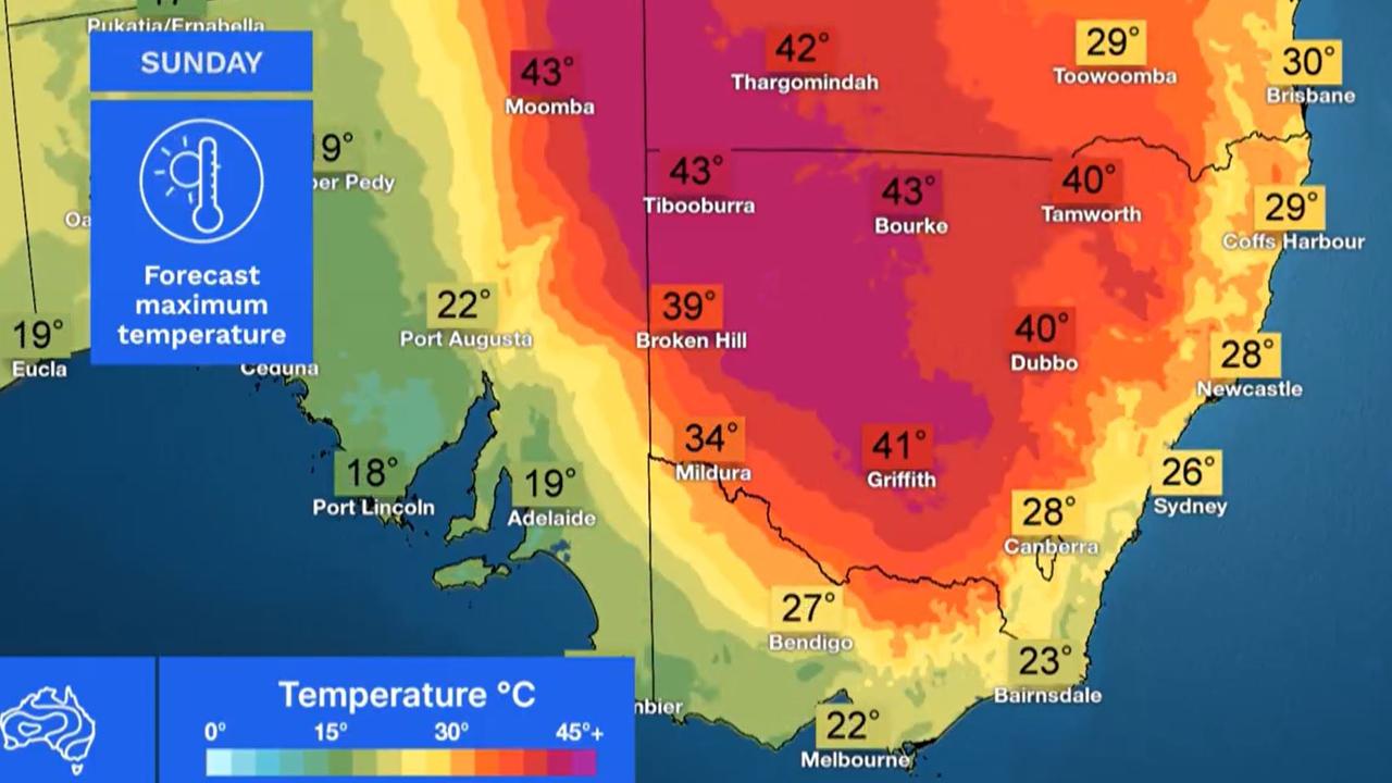 By Sunday the coast will cool but the interior will still be blistering. Picture: BOM.