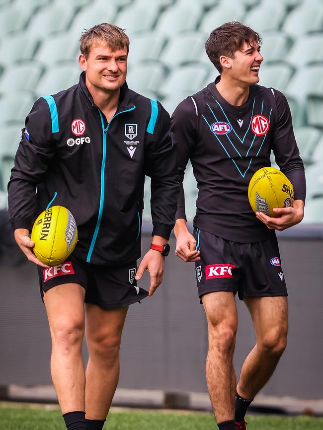 Ollie Wines, left, won’t be part of Port Adelaide’s official leadership group in 2024. Picture: Tom Huntley