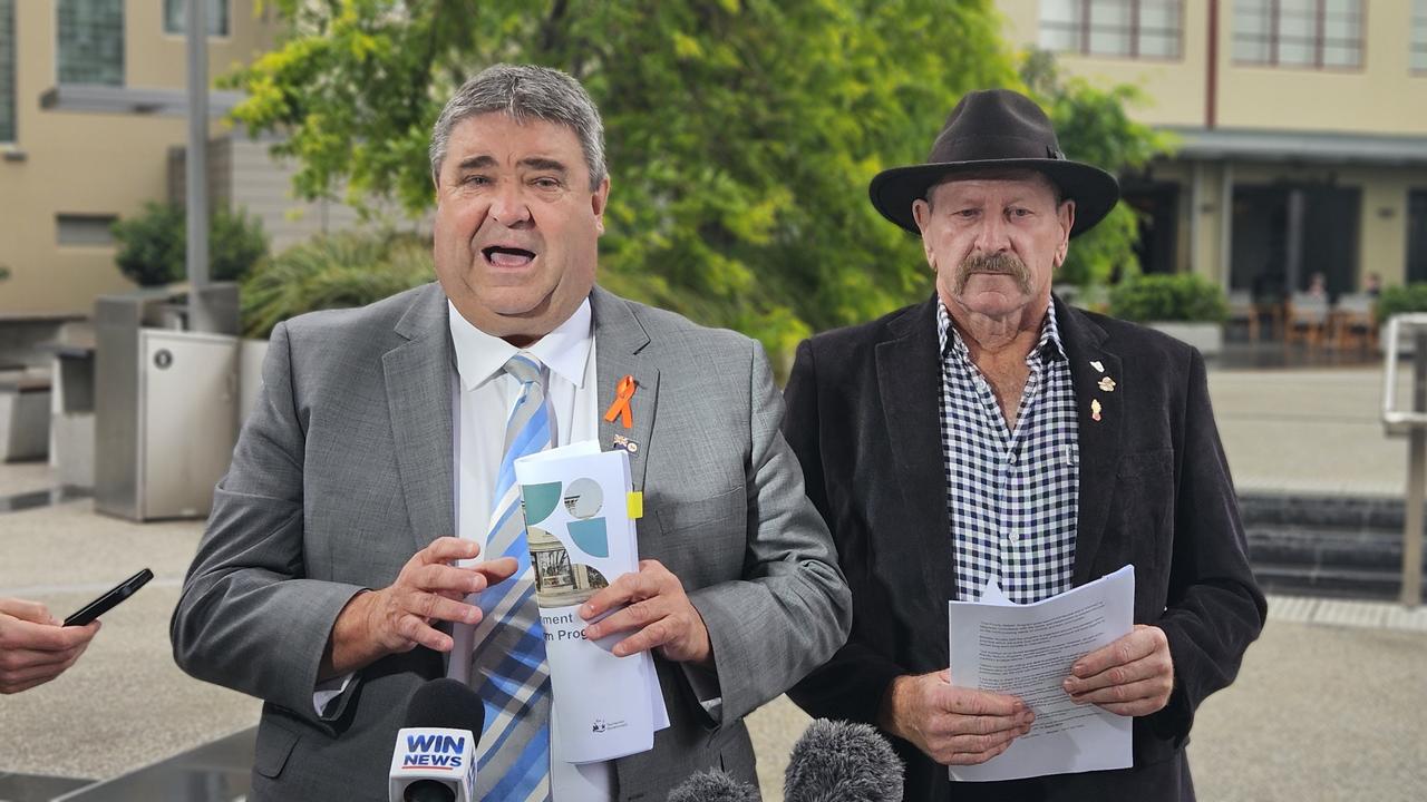 Local government minister Kerry Vincent and Local Government Association of Tasmania Mick Tucker speak to the media on Wednesday November 27, 2024.