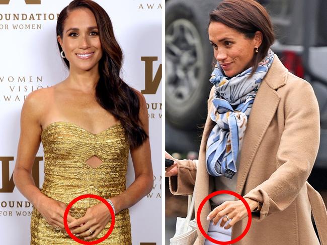 FEES APPLY - FOR NEWS.COM.AU STORY ONLY - COMPOSITE IMAGE - Meghan Markle only wearing wedding band. Picture: Getty Images; Backgrid