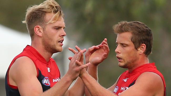 Jack Watts, seen here with teammate Rohan Bail, is enjoying Simon Goodwin’s attacking input. Picture: Getty Images