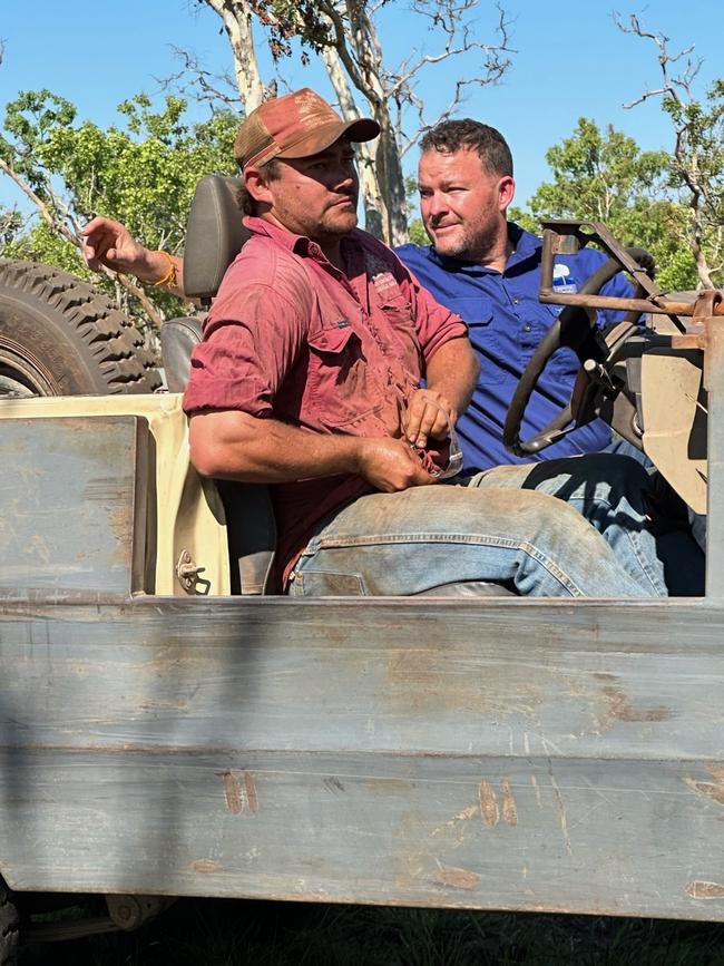 Cosi in the bull-catcher with a mate. Picture: Supplied