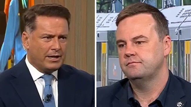 Karl Stefanovic has slammed union boss Toby Warnes after hundreds of trains were cancelled. Picture: Today.