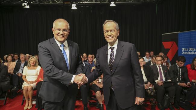 Australia's Prime Minister Scott Morrison and opposition leader Bill Shorten shake hands before the first televised leaders debate in Perth. Picture: Nic Ellis/AFP