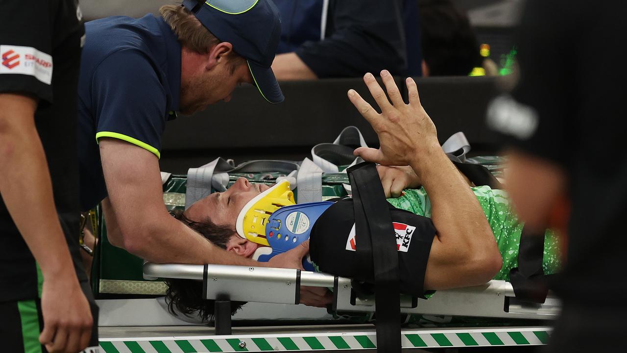 Hilton Cartwright of the Stars is taken from the field on the medical buggy. (Photo by Paul Kane/Getty Images)