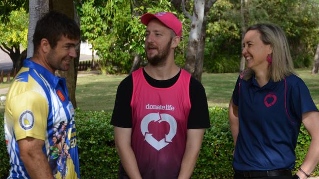 Townsville Running Festival event director Joel Savage, heart transplant recipient Jack Melberzs and donation medical specialist for Donate Life Melita Trout. Picture: Nikita McGuire