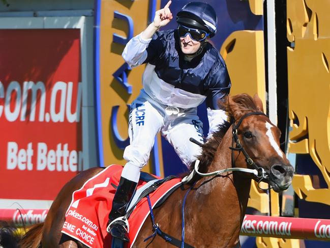 MELBOURNE, AUSTRALIA - FEBRUARY 27: Craig Newitt riding Extreme Choice wins Race 7, Ladbrokes Blue Diamond Stakes during Melbourne Racing at Caulfield Racecourse on February 27, 2016 in Melbourne, Australia. (Photo by Vince Caligiuri/Getty Images)