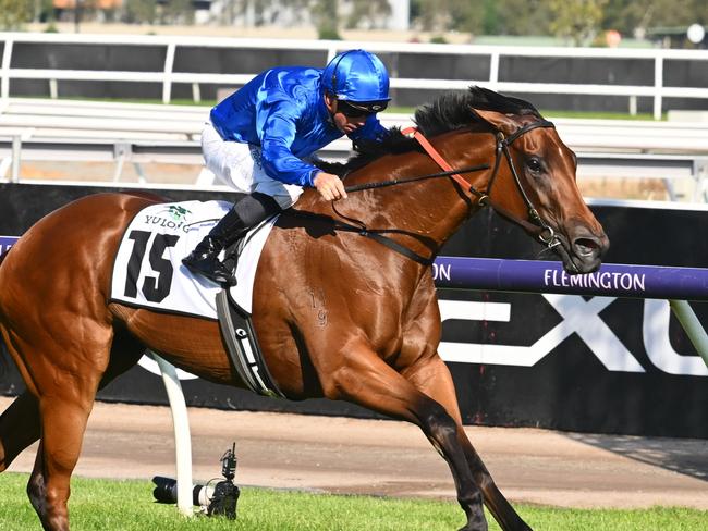 MELBOURNE, AUSTRALIA - MARCH 11: Dean Holland riding In Secret defeats Lofty Strike and I Wish I Win in Race 7, the Yulong Stud Newmarket Handicap,  during Melbourne Racing at Flemington Racecourse on March 11, 2023 in Melbourne, Australia. (Photo by Vince Caligiuri/Getty Images)