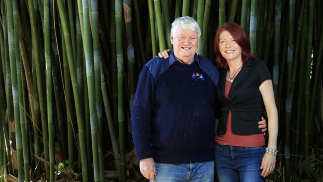 Australian bamboo pioneer Durnford Dart with daughter Becky on the Belli Park plantation where she harvests the crop for her Big Heart Bamboo range. Picture: Lachie Millard