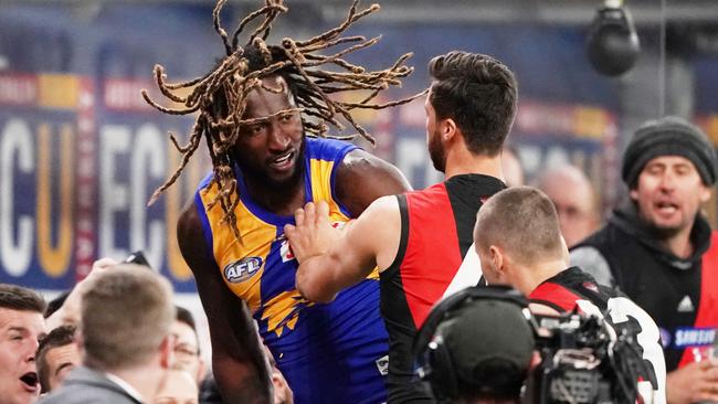 Nic Naitanui of the Eagles starts a melee with Kyle Langford of the Bombers during the First Elimination Final.