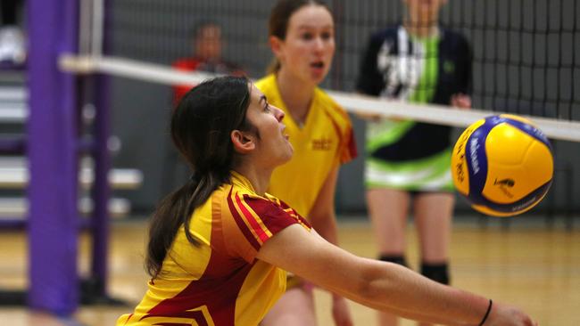 Action from the QGSSSA volleyball match between Somerville House and Moreton Bay College. Photo:Tertius Pickard