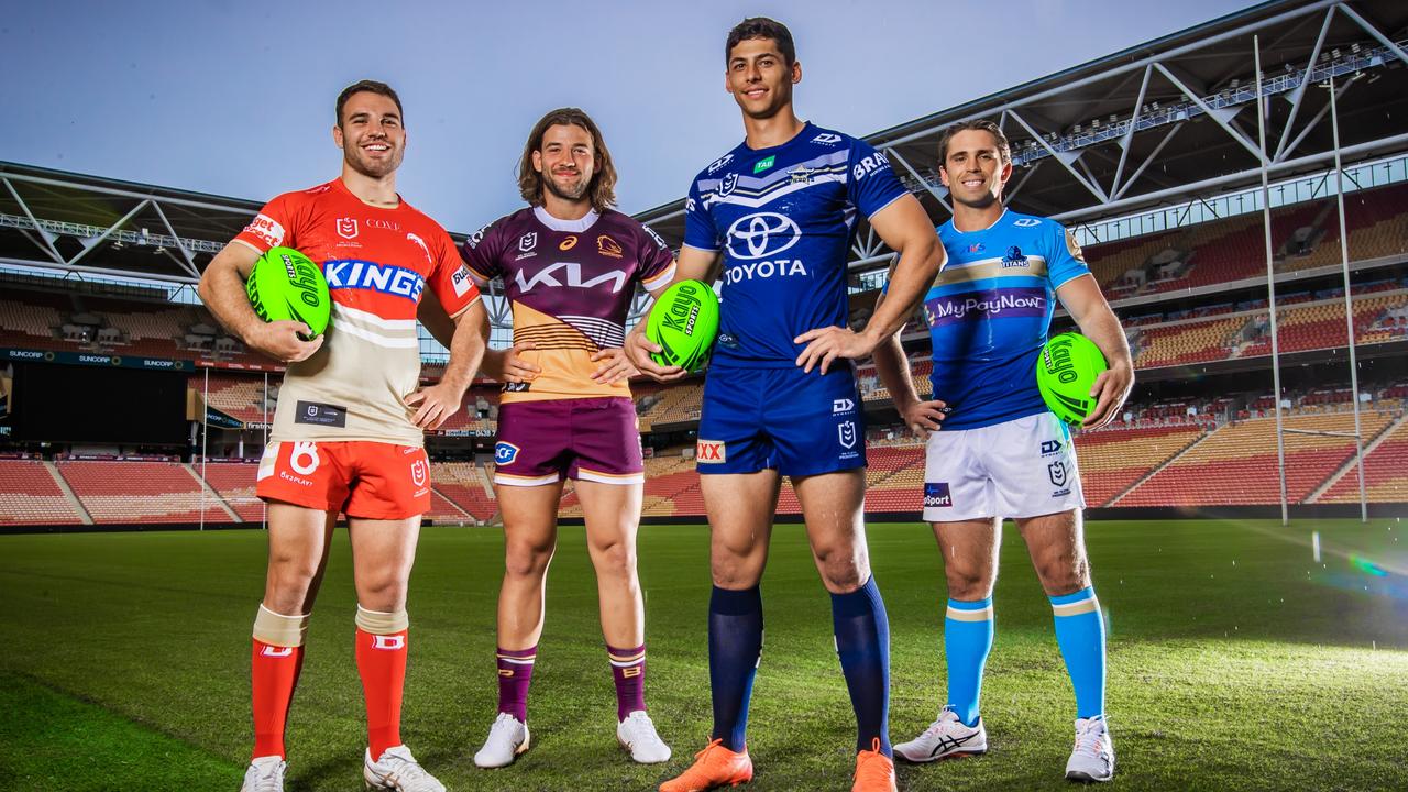 Kayo - NRL. NRL round 3, all four Queensland teams will only be on Kayo/Fox League. Broncos Pat Carrigan, Titans Aaron Booth, Cowboys Heilum Luki, Dolphins Sean O'Sullivan at Suncorp Stadium. Picture: NIGEL HALLETT