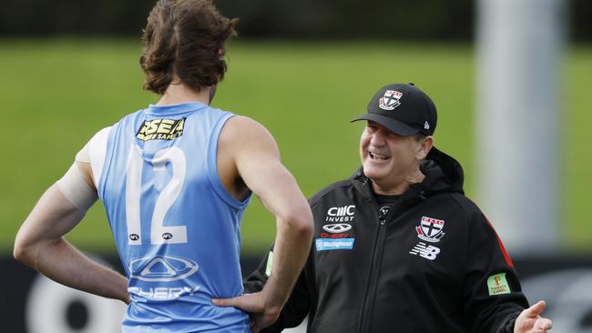 Ross Lyon talks to star forward Max King at training. Pic: Michael Klein