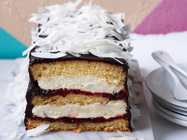 Cherry jam lamington loaf.