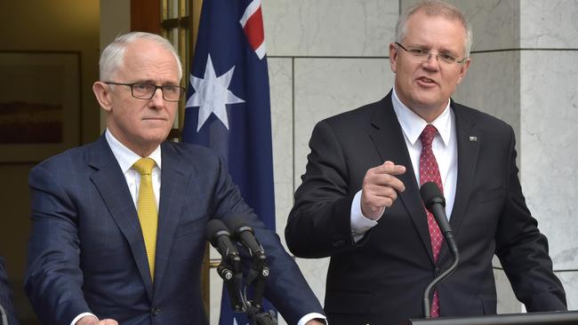 Former PM Malcolm Turnbull and Scott Morrison before the leadership change. Picture: AFP