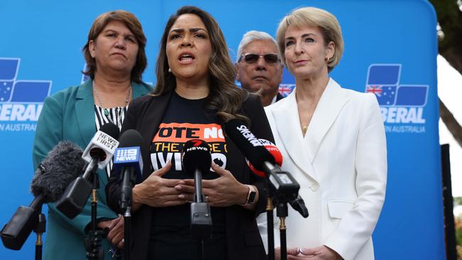 Just before today's No voice rally in Perth,  Senator Jacinta Nampijinpa Price, centre, and from left, Kerrynne Liddle, Warren Mundine and Senator Michaelia Cash. Picture: WA Liberals