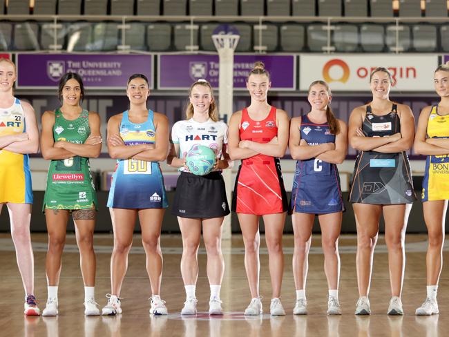 Sapphire Series netball team captains L to R, Bridey Condren from Thunder, Hulita Veve from Jets, Bryah Gafa from Titans, Abbey Bassingthwaighte an Umpire, Lia Woolnough from Cougars, Tahlia Evans from Wildcats, Amy Sommerville from Tigers, Hannah Le Sage from Bull Sharks. Sapphire Series club, as the season starts later this month, Nissan Arena, Nathan, Friday 12th November 2021 - Photo Steve Pohlner