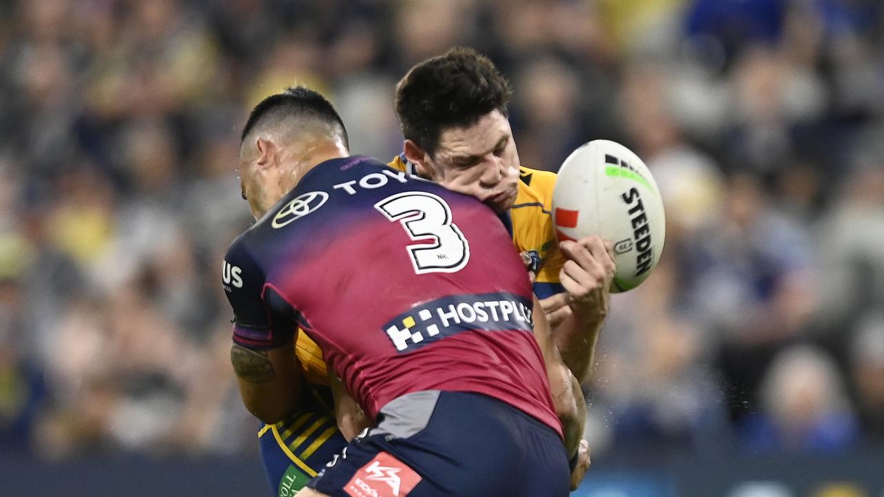 Valentine Holmes was controversially sin-binned for a high shot on Mitchell Moses. Picture: Getty Images.