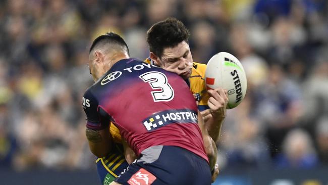 Valentine Holmes was controversially sin-binned for a high shot on Mitchell Moses. Picture: Getty Images.