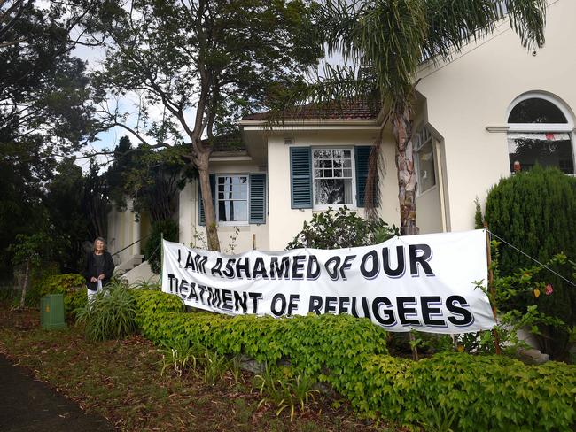 The original banner outside the Mosman resident’s Spit Rd home in support of refugees, photographed in January 2015. Picture: Annika Enderborg