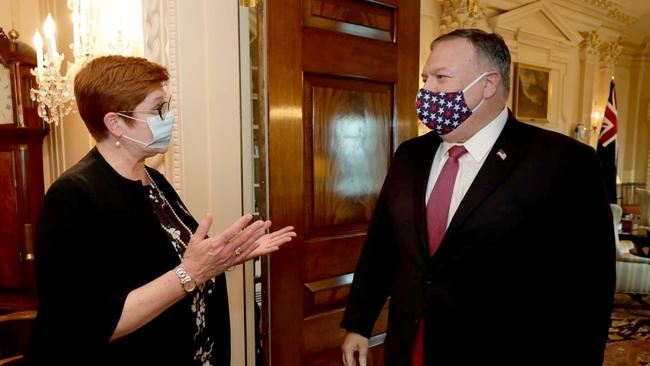 Foreign Minister Marise Payne meets with then US secretary of state Mike Pompeo in Washington ahead of the AUSMIN talks in July 2020.