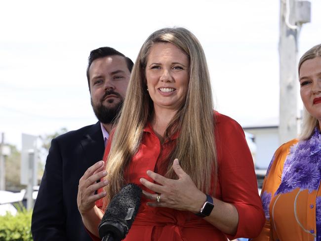 Brisbane City Council Labor campaign launch. Labor Lord Mayoral candidate Tracey Price (red), Council Opposition Leader Cr Jared Cassidy (suit), Labor Councillor for Morningside Ward Cr Lucy Collier (purple and orange)