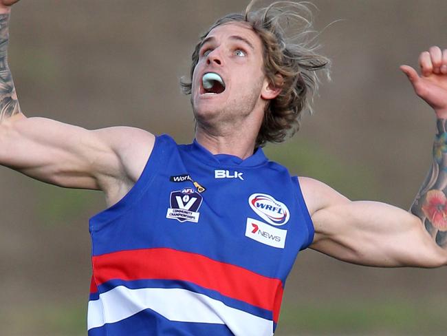 Interleague football : WRFL V Ballarat FL. at Whitten Oval WRFL 19 Brian Graham flies for the ballPicture: Mark Wilson