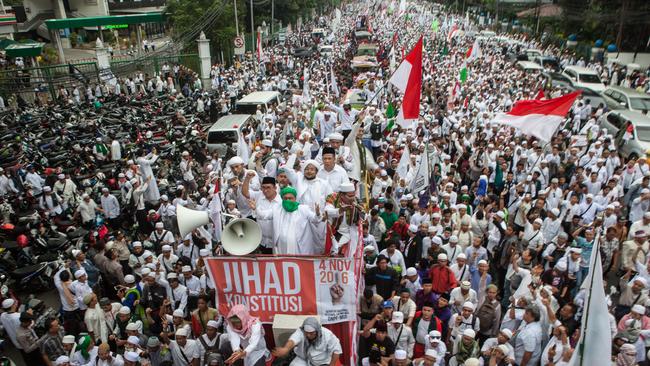 Muslim hardliners march in Jakarta in 2016 to demand the city’s Chinese Christian governor, Ahok, be prosecuted for alleged blasphemy. Picture: Getty