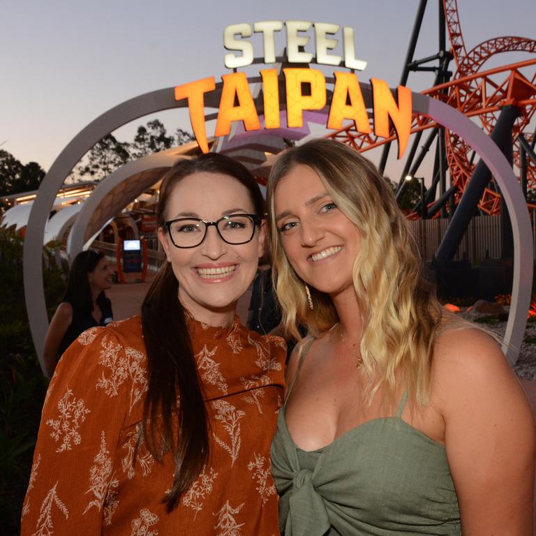 Michelle Erasmus and Karla Judge at opening of Steel Taipan ride, Dreamworld. Picture: Regina King