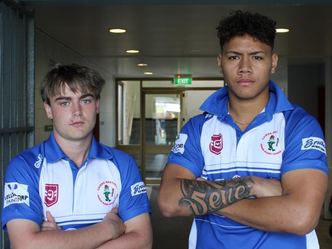 Lucas Russell and Elsiyah Laumatia of the Cairns Brothers before the Far North Queensland Rugby League under 17s grand final against Innisfail Leprechauns at Barlow Park. Picture: Jake Garland