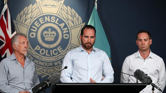 Phil, Nicholas and Christian Ruston appeal for information into the 2009 fatal shooting of their son, and brother Omega Ruston on the Gold Coast highway at Burleigh Heads on Australia Day, Police HQ, Brisbane. Photographer: Liam Kidston.