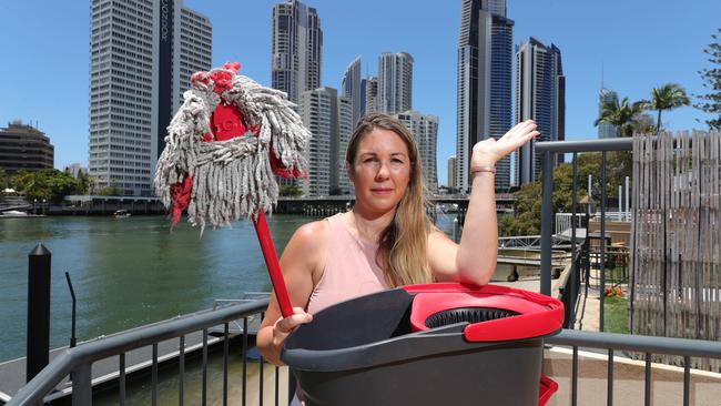 Melinda Enriquez takes care of 32 AIRBNBs on the Gold Coast and is struggling to get cleaners on the back of high demand for properties now that borders are open. Picture: Glenn Hampson.