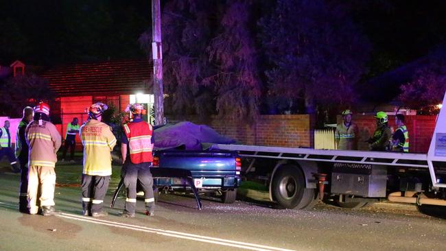 The cab of the ute was crushed by the tow truck tray. Picture: Bill Hearne