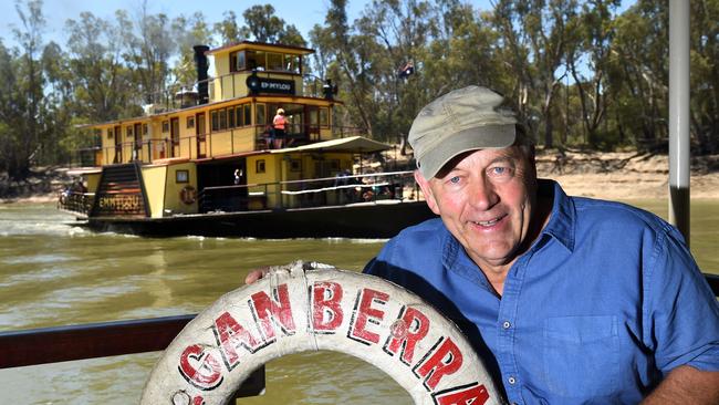 Max Vulling on board the PS <i>Canberra</i> as PS <i>Emmylou</i> passes by. Picture: Mike Keating