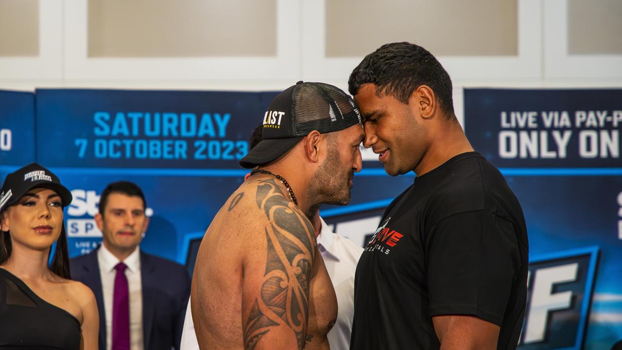 Frank Amato (left) has called his opponent Tevita Pangai Jr (right) an embarrassment to Tonga, as the pair prepare to go head-to-head. Picture: Alix Sweeney