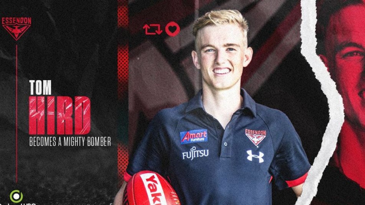 Essendon has signed Tom Hird, the son of club great James. Graphic via the Bombers.